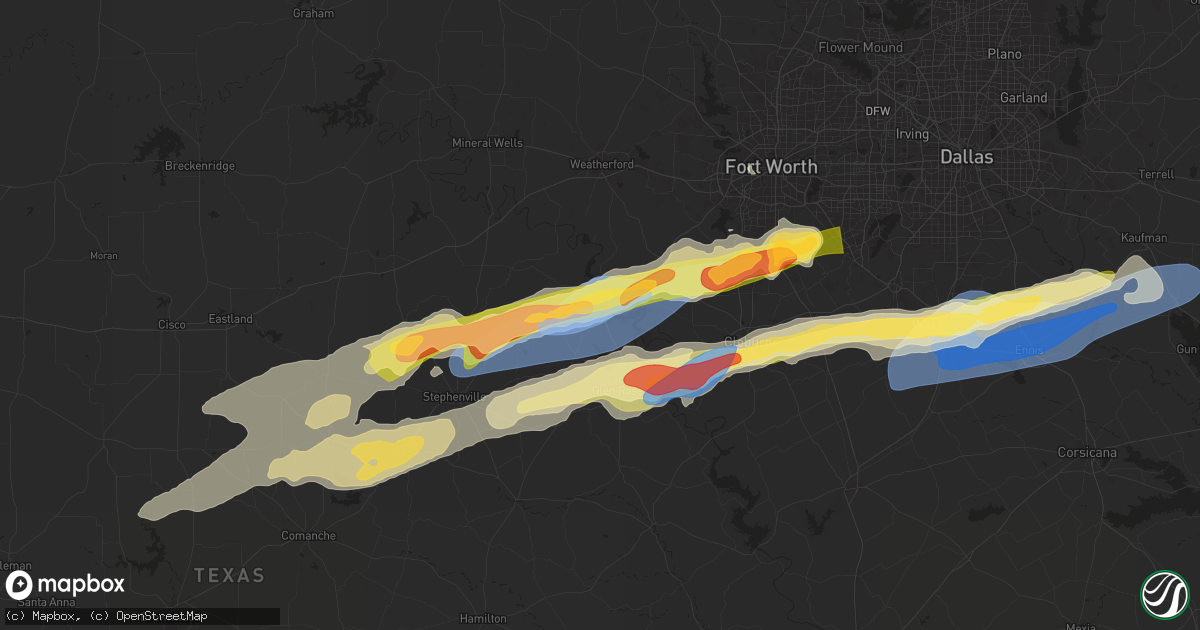 Hail map in Granbury, TX on March 7, 2025
