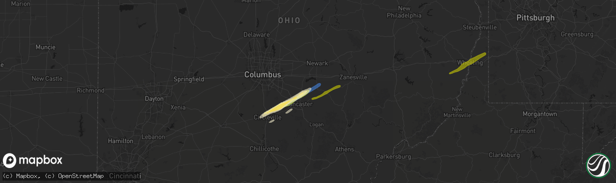 Hail map in Pleasantville, OH on March 7, 2026