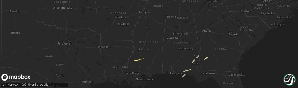 Hail map in Mississippi on March 9, 2025