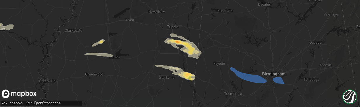 Hail map in Aberdeen, MS on March 9, 2026