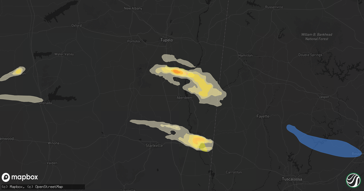 Hail map in Aberdeen, MS on March 9, 2026