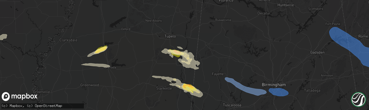 Hail map in Amory, MS on March 9, 2026
