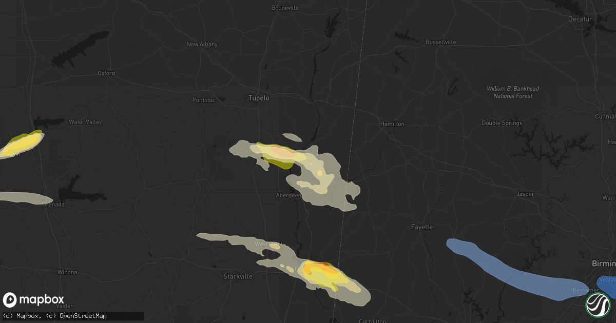 Hail map in Amory, MS on March 9, 2026
