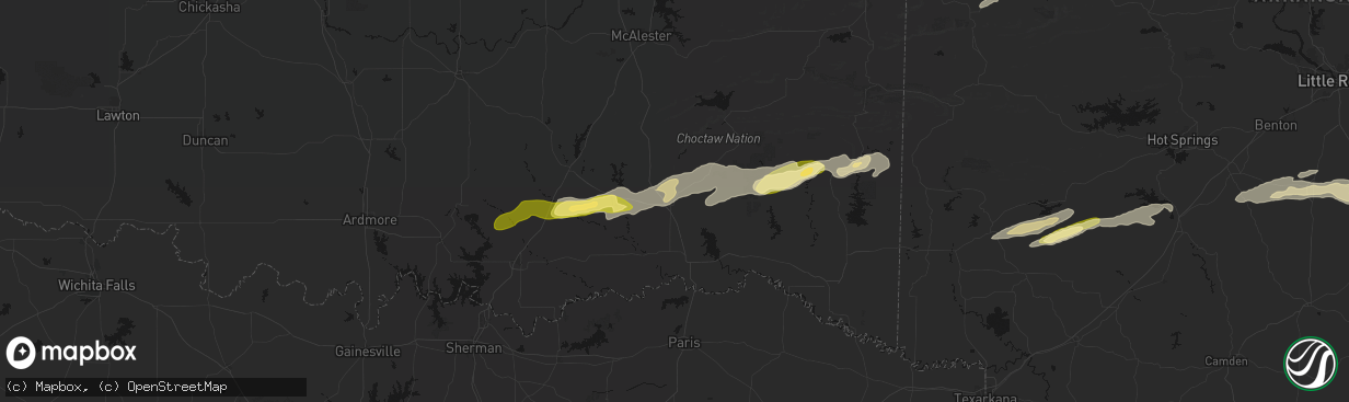 Hail map in Antlers, OK on March 9, 2026