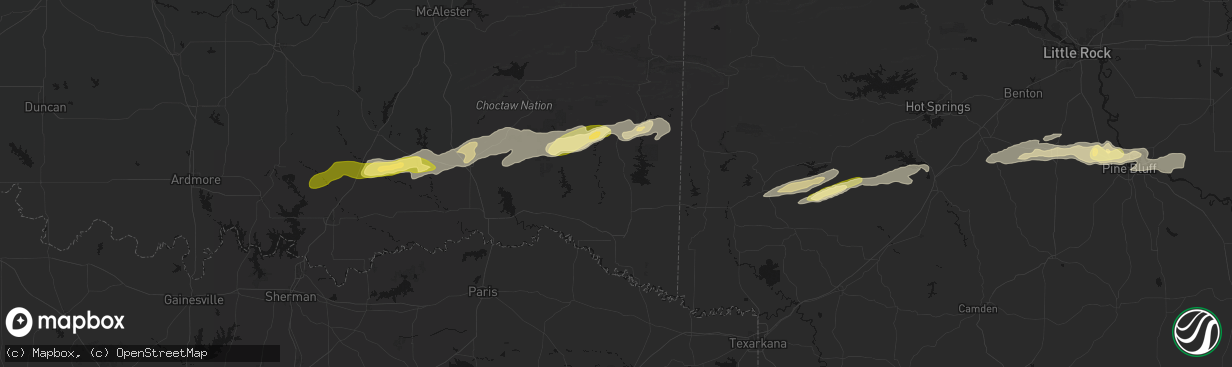 Hail map in Broken Bow, OK on March 9, 2026