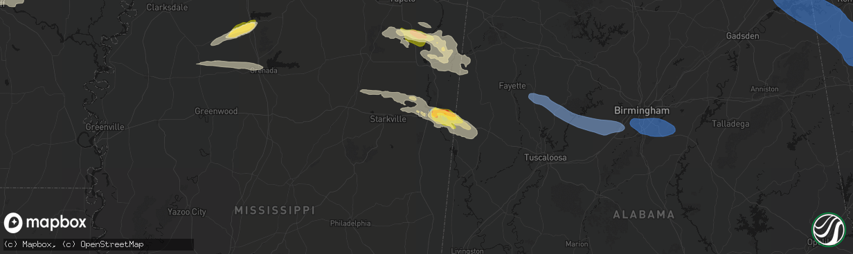 Hail map in Columbus, MS on March 9, 2026