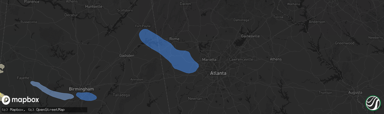 Hail map in Dallas, GA on March 9, 2026
