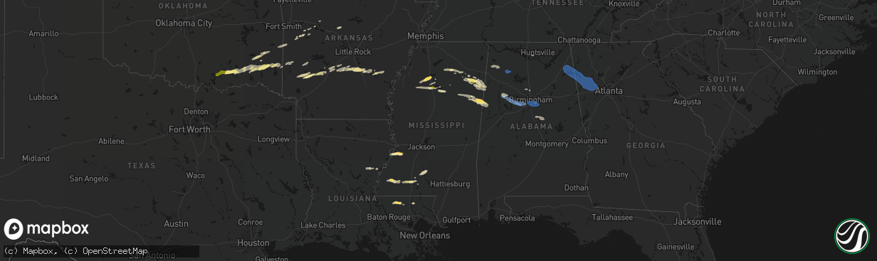 Hail map in Mississippi on March 9, 2026