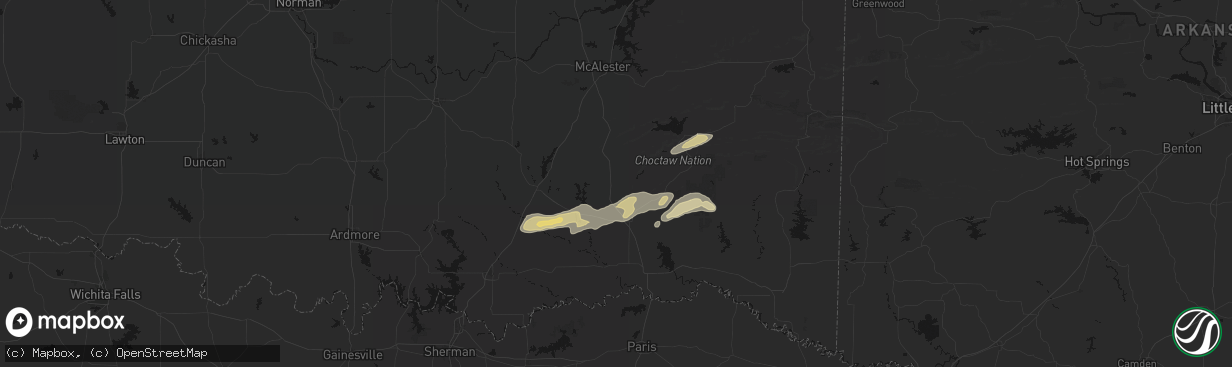Hail map in Moyers, OK on March 9, 2026