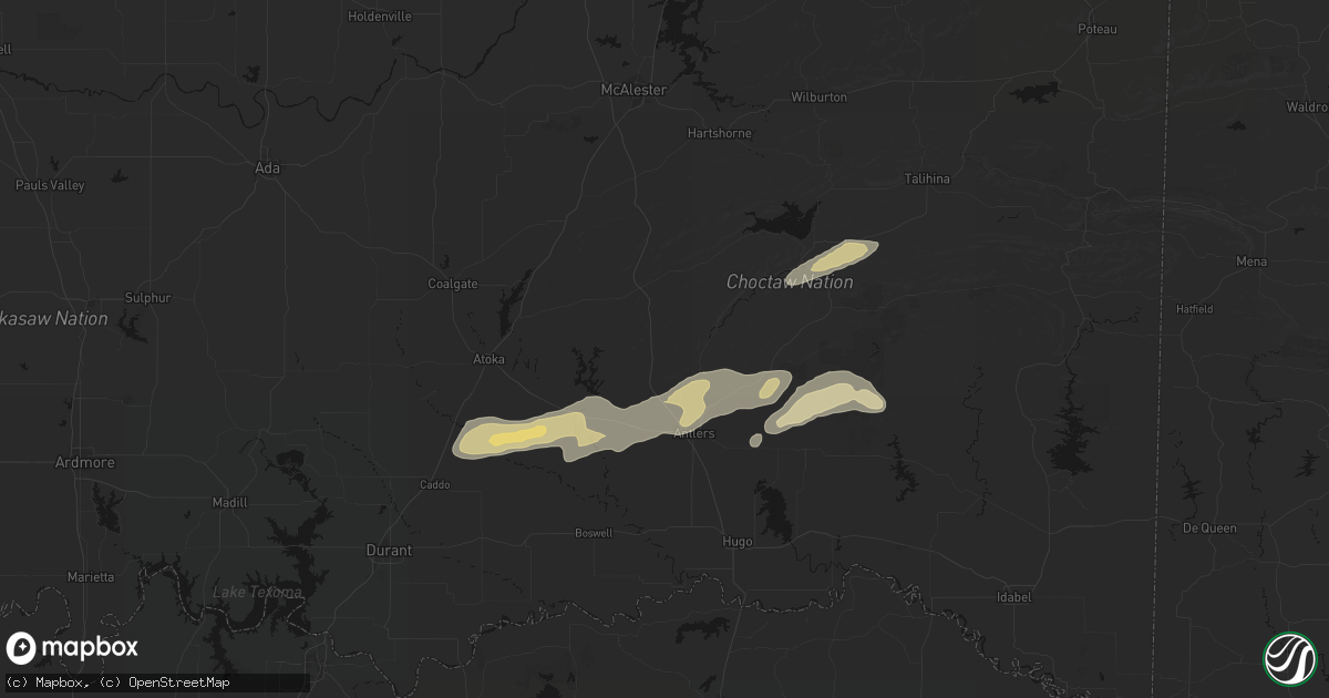 Hail map in Moyers, OK on March 9, 2026