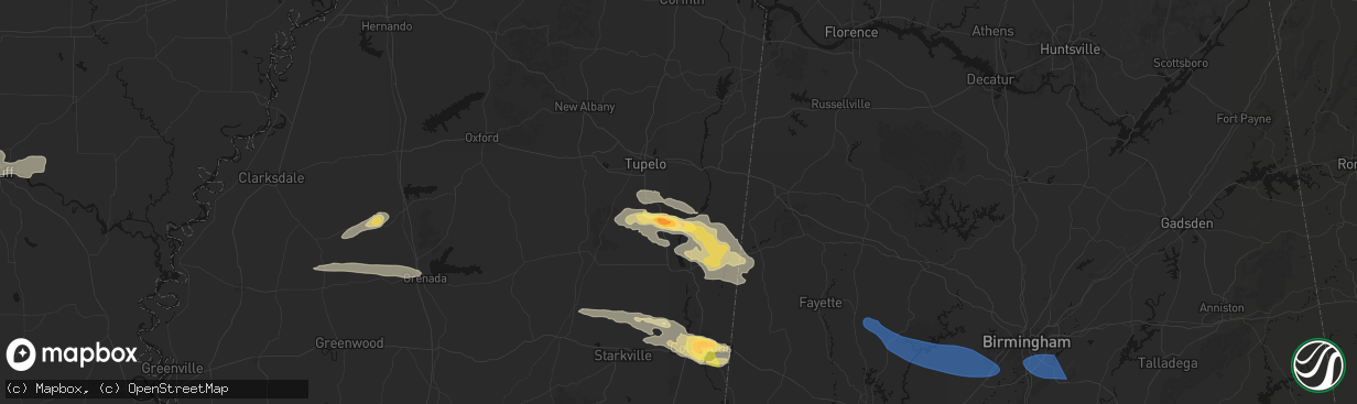 Hail map in Nettleton, MS on March 9, 2026