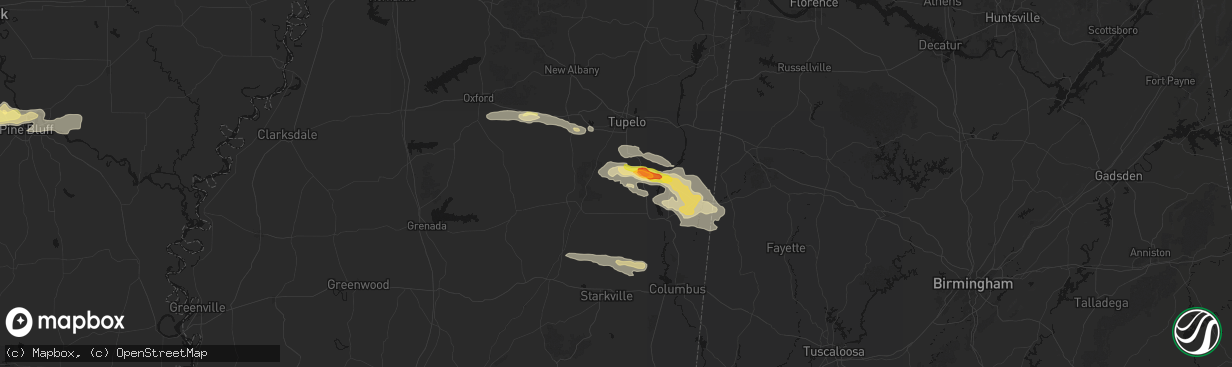 Hail map in Okolona, MS on March 9, 2026