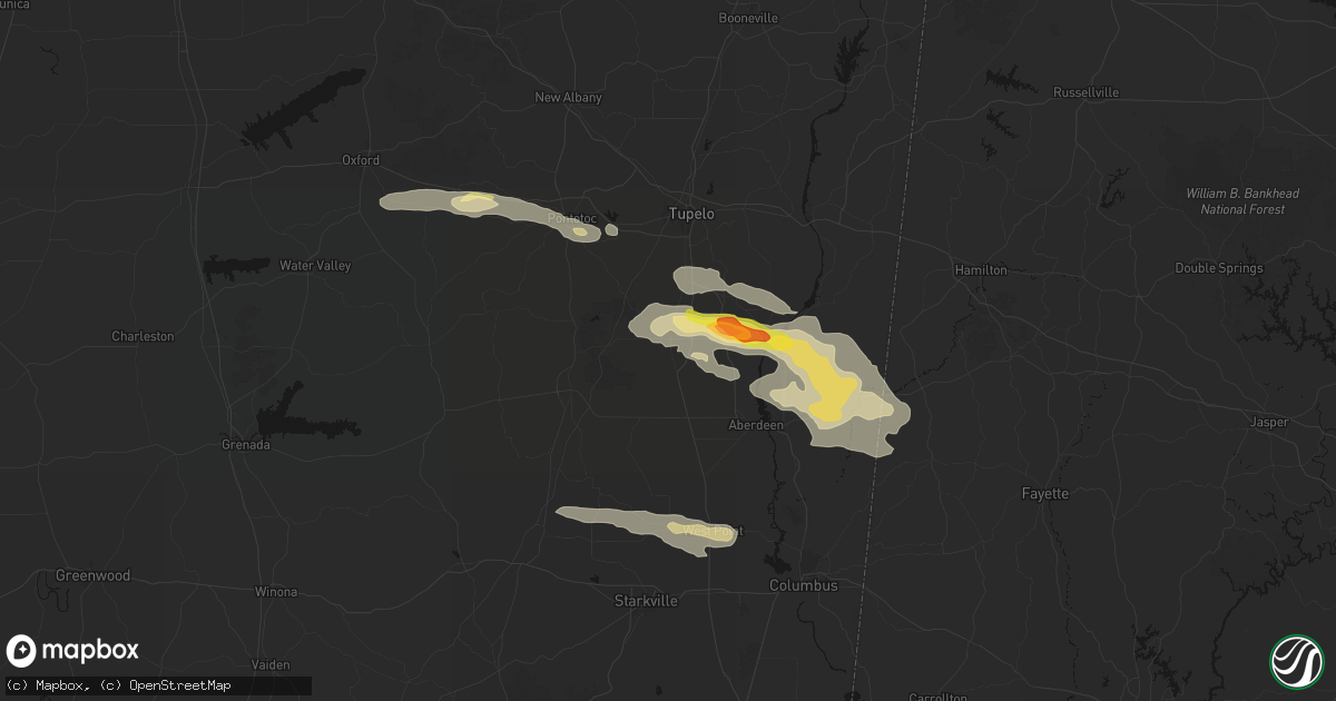 Hail map in Okolona, MS on March 9, 2026