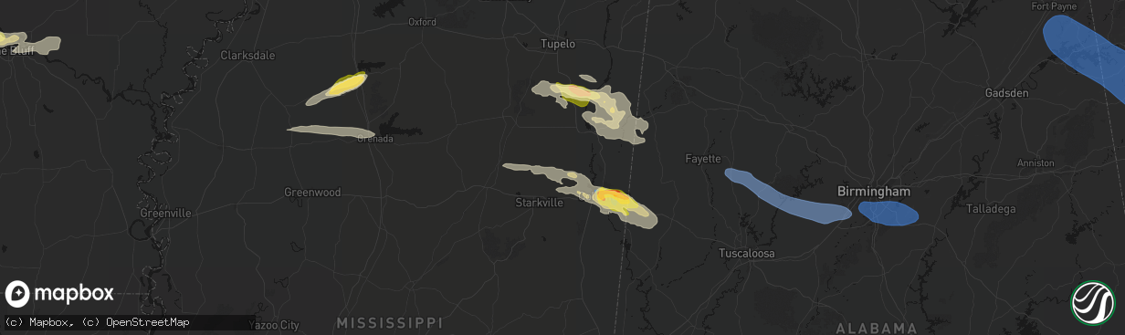 Hail map in West Point, MS on March 9, 2026