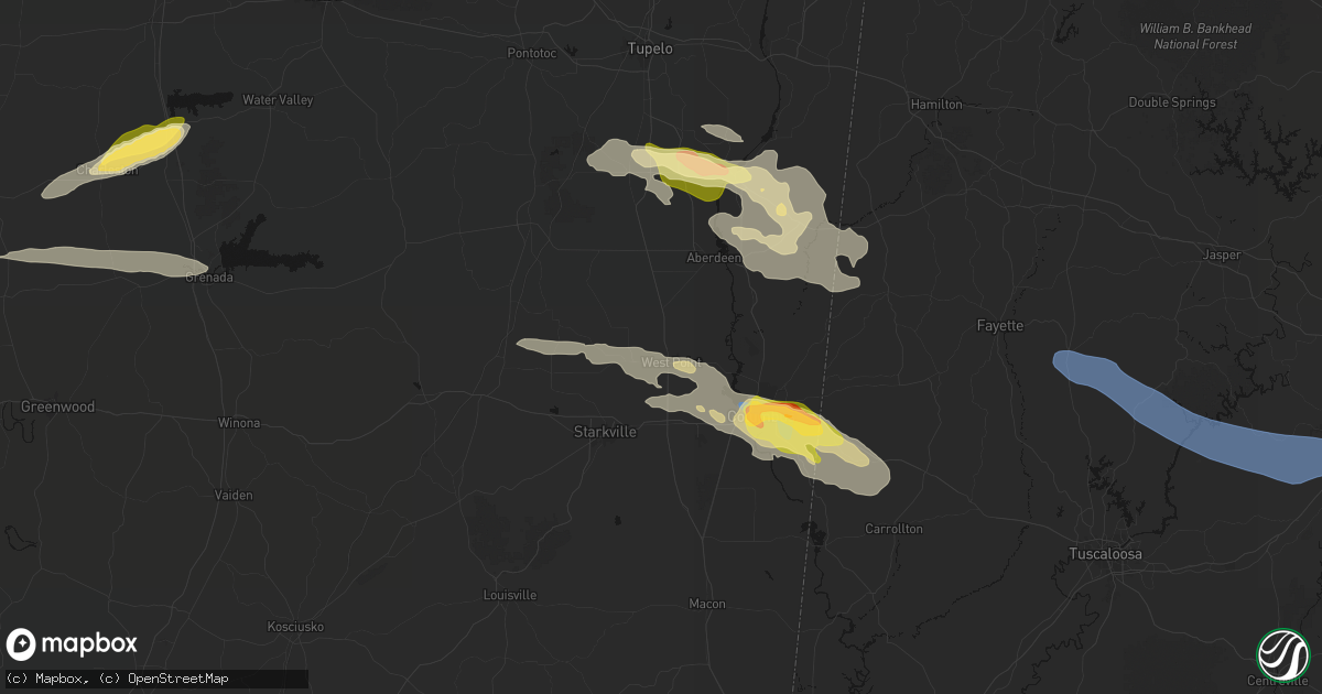 Hail map in West Point, MS on March 9, 2026