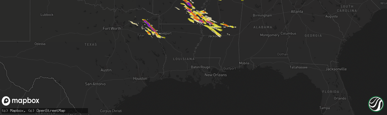 Hail map in Louisiana on March 10, 2018