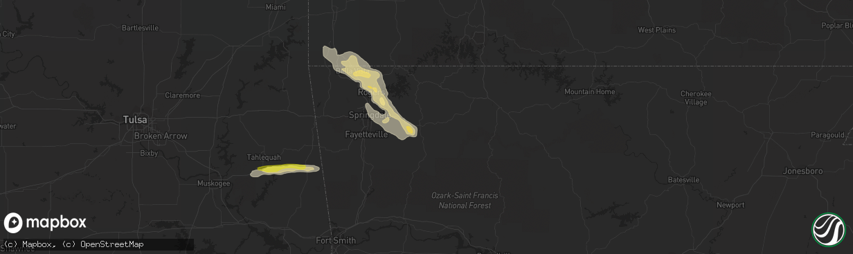 Hail map in Huntsville, AR on March 10, 2020