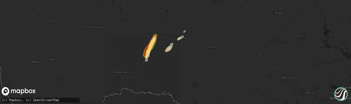 Hail map in Ozona, TX on March 10, 2026