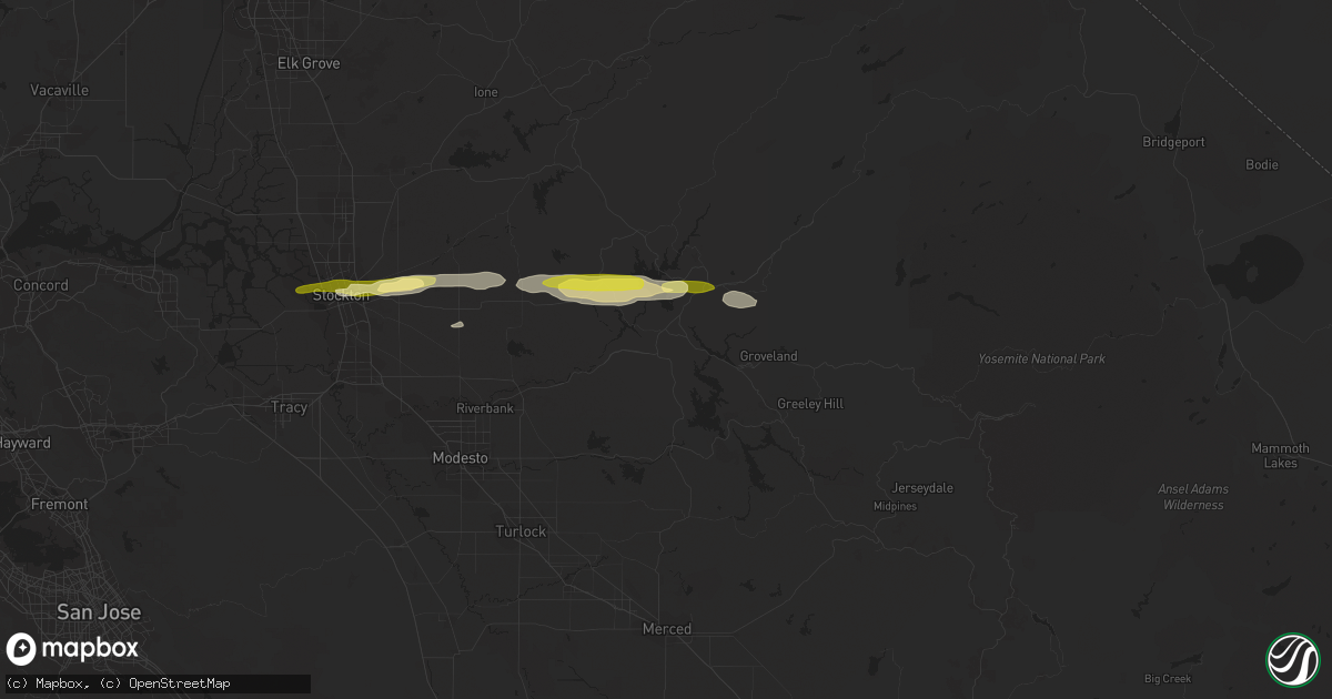 Hail map in Jamestown, CA on March 11, 2023