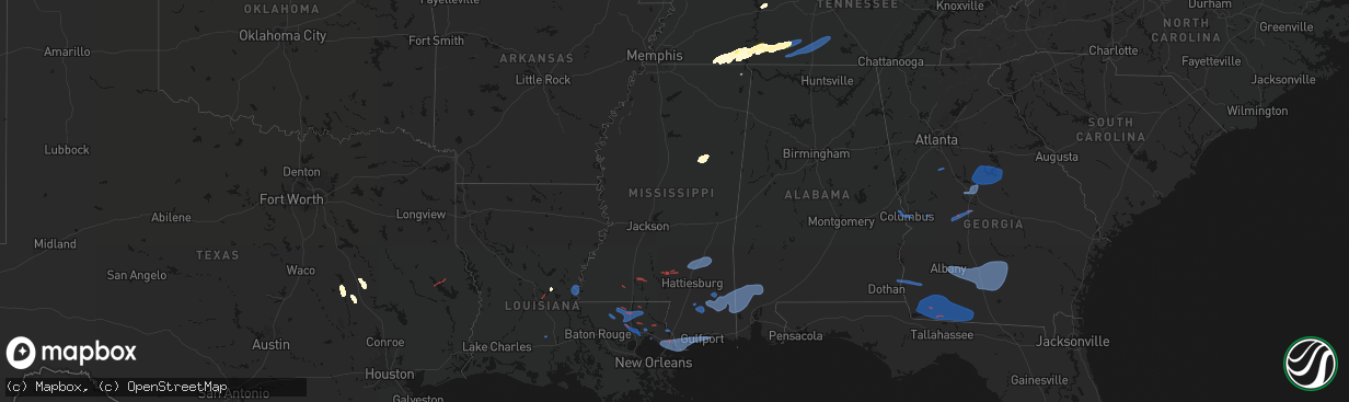 Hail map in Mississippi on March 11, 2026