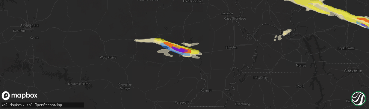 Hail map in Poplar Bluff, MO on March 12, 2020