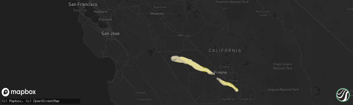 Hail map in Dos Palos, CA on March 12, 2023
