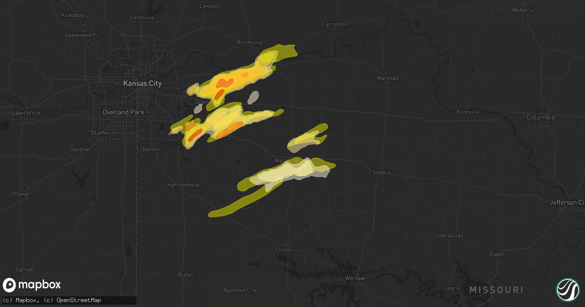 Hail map in Warrensburg, MO on March 12, 2024