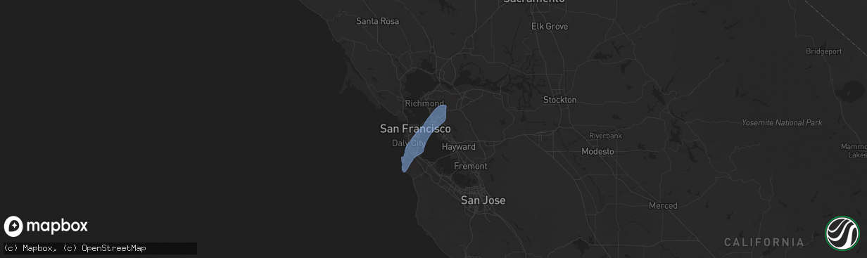 Hail map in Alameda, CA on March 12, 2025