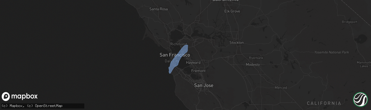 Hail map in Oakland, CA on March 12, 2025