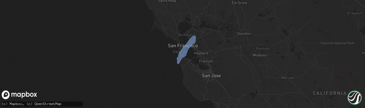 Hail map in South San Francisco, CA on March 12, 2025