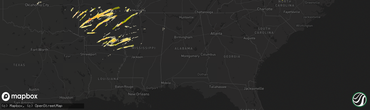 Hail map in Alabama on March 13, 2016