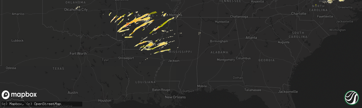 Hail map in Mississippi on March 13, 2016