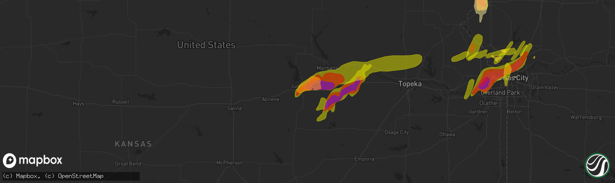 Hail map in Junction City, KS on March 13, 2024