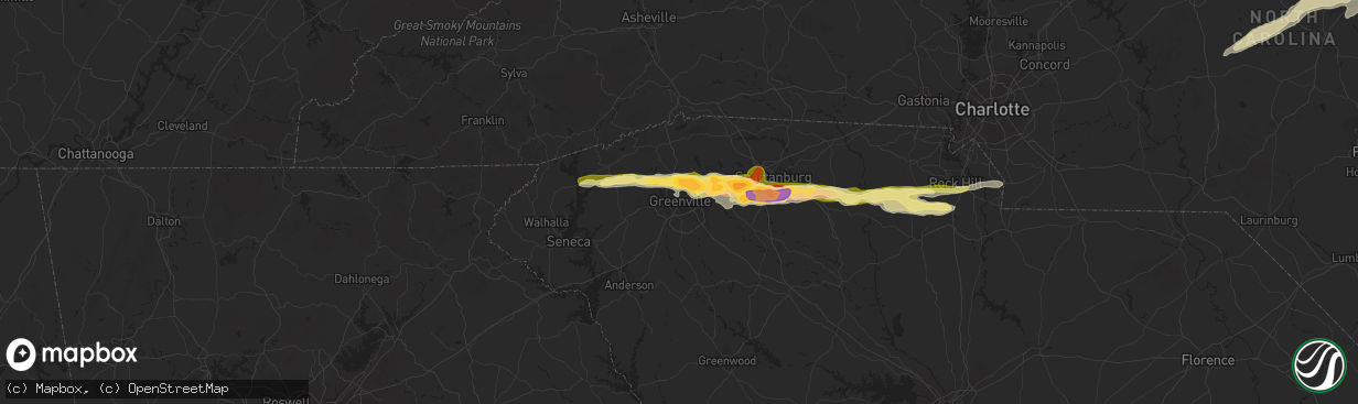 Hail map in Greenville, SC on March 14, 2016