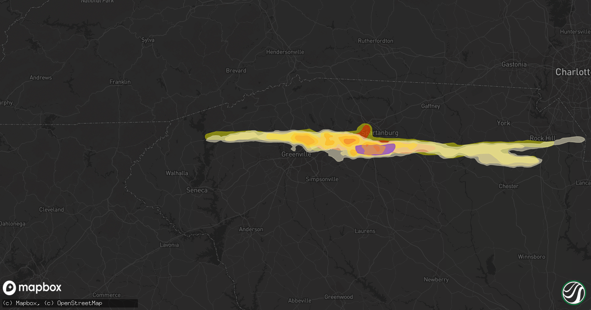 Hail map in Greenville, SC on March 14, 2016