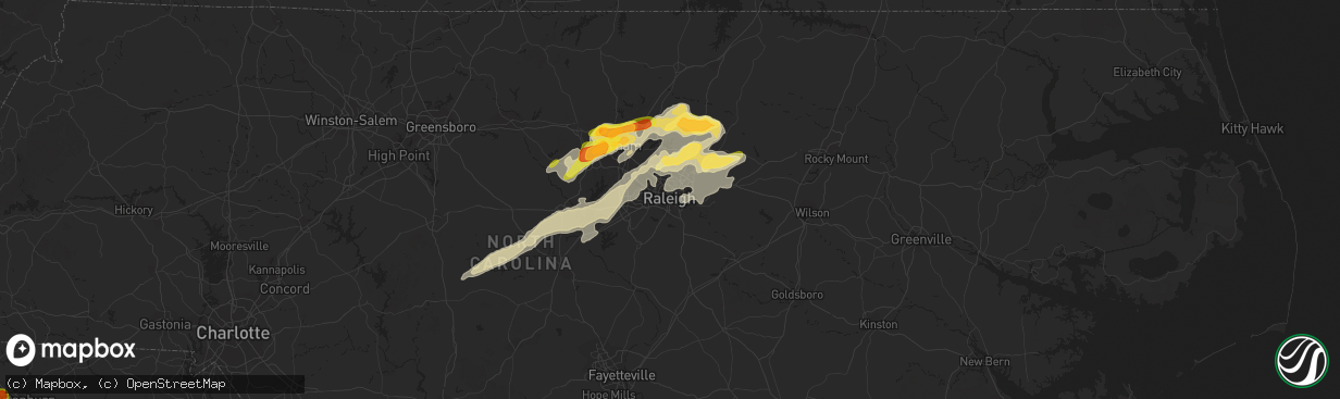 Hail map in Raleigh, NC on March 14, 2016