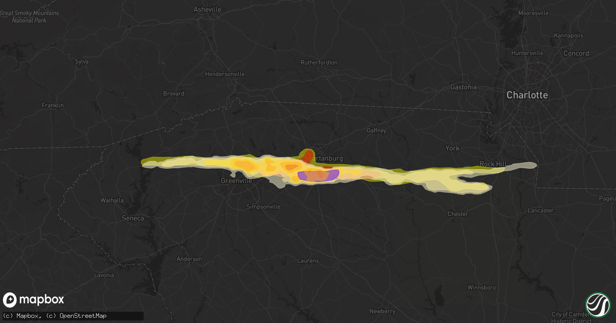 Hail map in Spartanburg, SC on March 14, 2016