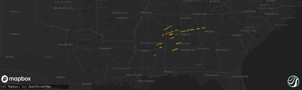 Hail map in Mississippi on March 14, 2019