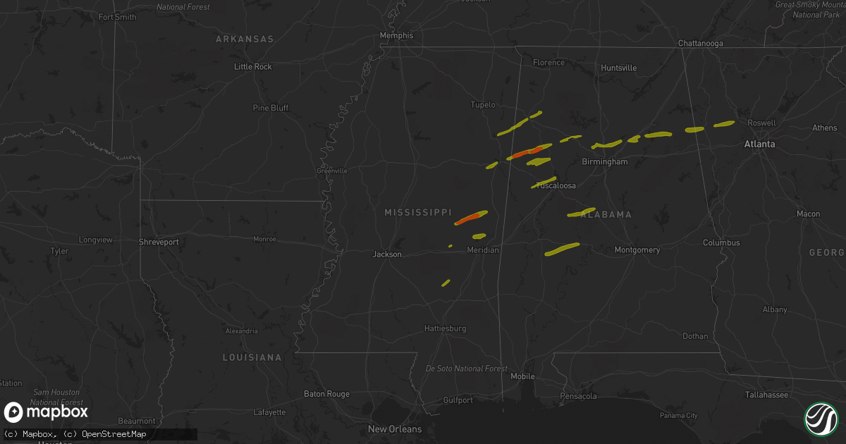 Hail map in Mississippi on March 14, 2019