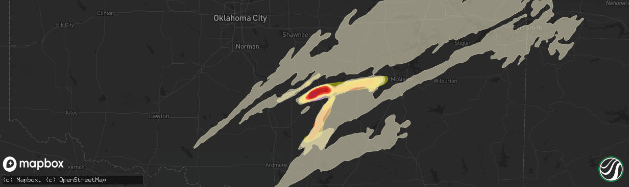 Hail map in Ada, OK on March 14, 2024