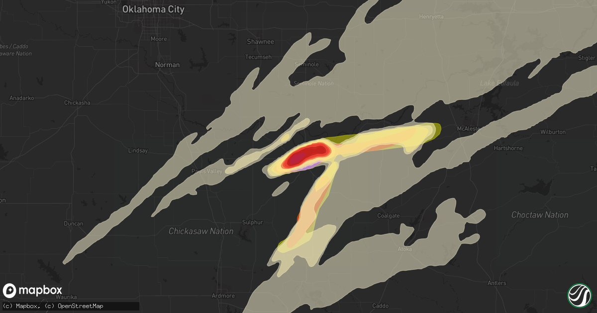 Hail map in Ada, OK on March 14, 2024