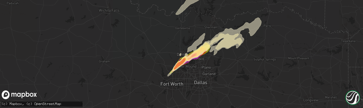 Hail map in Denton, TX on March 14, 2024