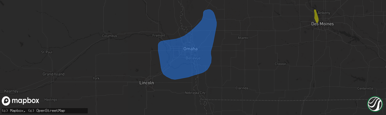 Hail map in Bellevue, NE on March 14, 2025