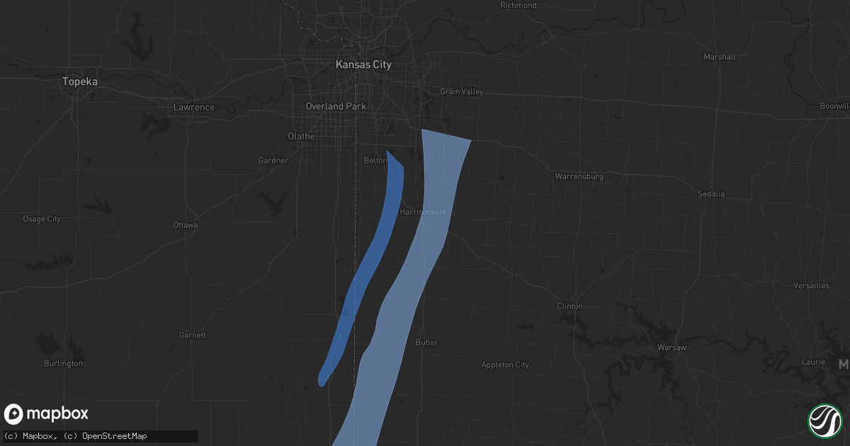 Hail map in Harrisonville, MO on March 14, 2025