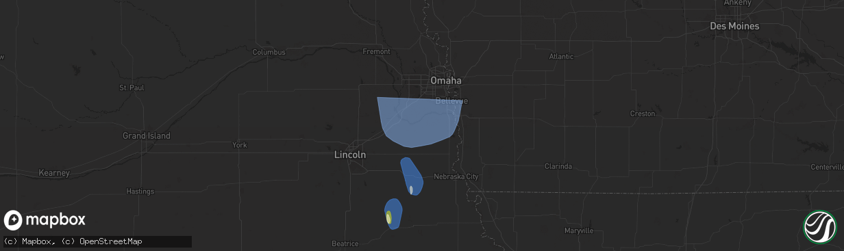 Hail map in Louisville, NE on March 14, 2025