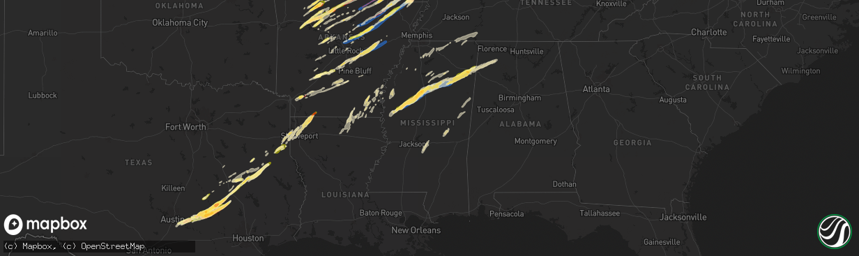 Hail map in Mississippi on March 14, 2025