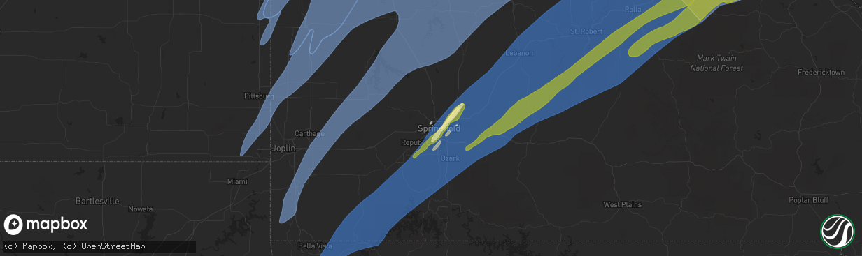 Hail map in Springfield, MO on March 14, 2025