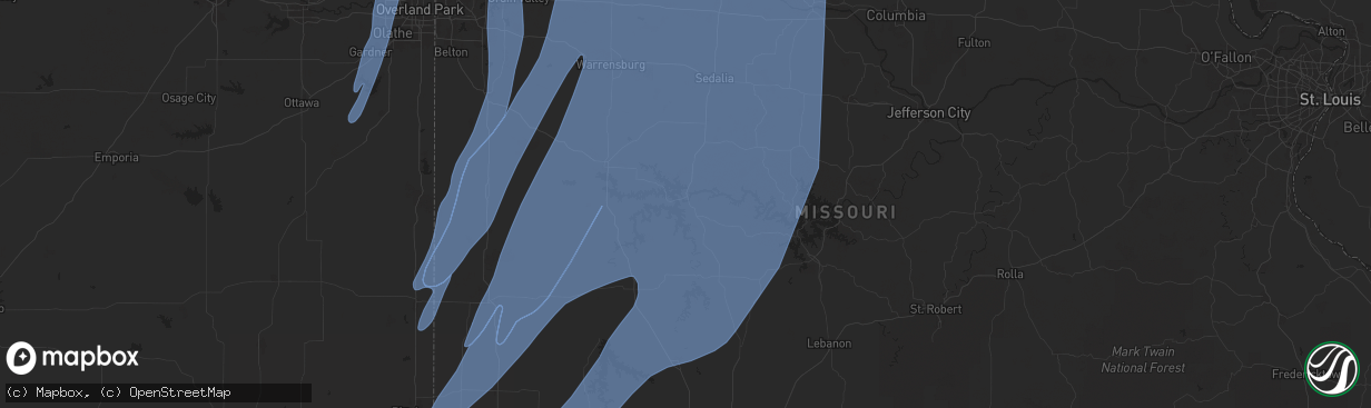 Hail map in Warsaw, MO on March 14, 2025