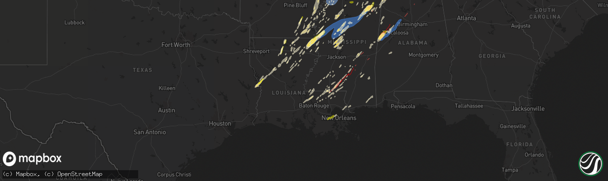 Hail map in Louisiana on March 15, 2025