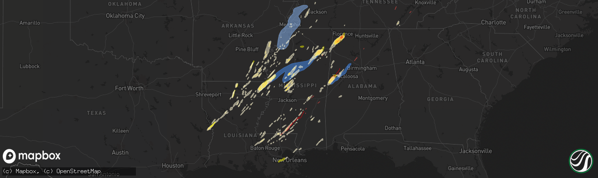 Hail map in Mississippi on March 15, 2025